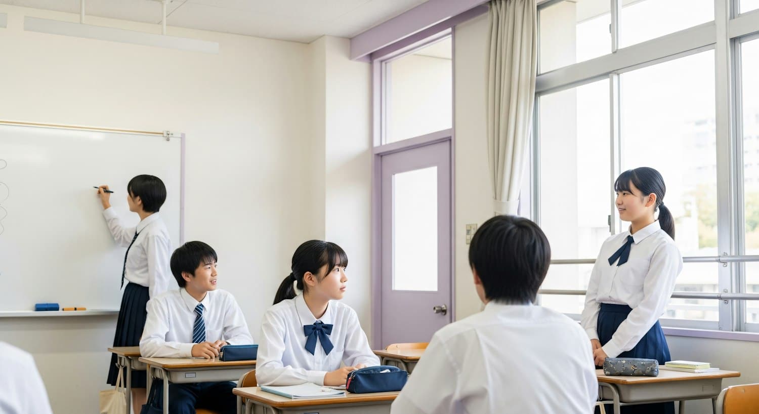 Students at their desks while a classmate works through a problem on the whiteboard